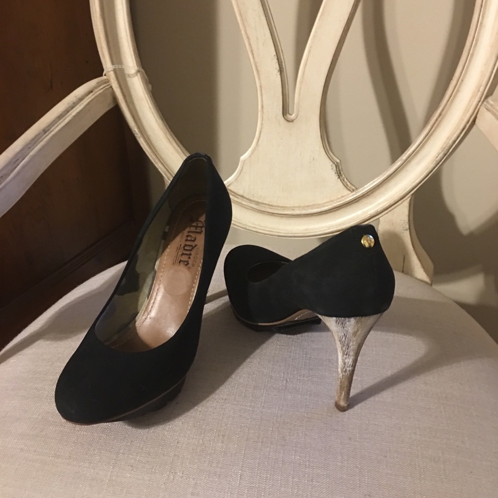 Black suede shoes with white wash wood heels